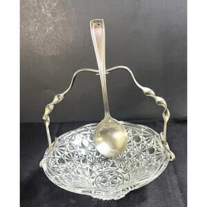 Vintage Cristal Handled Condiment Dish w Silverplate Spoon Serving 5.5 x 5.5